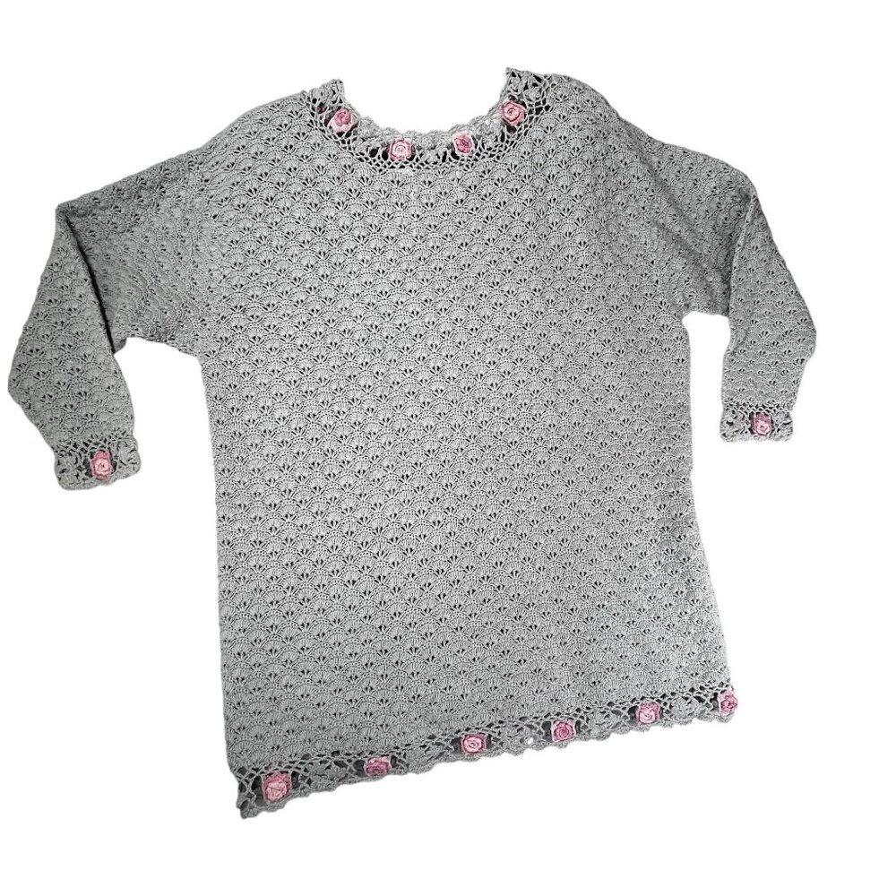 Vintage Handmade Crochet Green Tunic Sweater Pink Roses Colleens Collectables - Picture 3 of 13